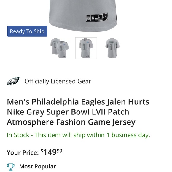 Philadelphia Eagles Jalen Hurts #1 Nike Gray Super Bowl LVII Patch Jersey - Picture 8 of 8